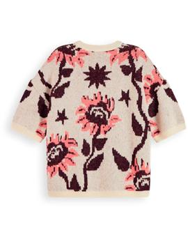 Relaxed fit short sleeve knit with intarsia patter